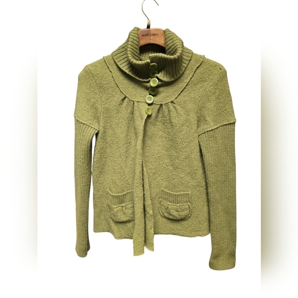 Mythology Green Wool Sweater Jacket Cardigan Ribbed sleeves Lagenlook Sz.M